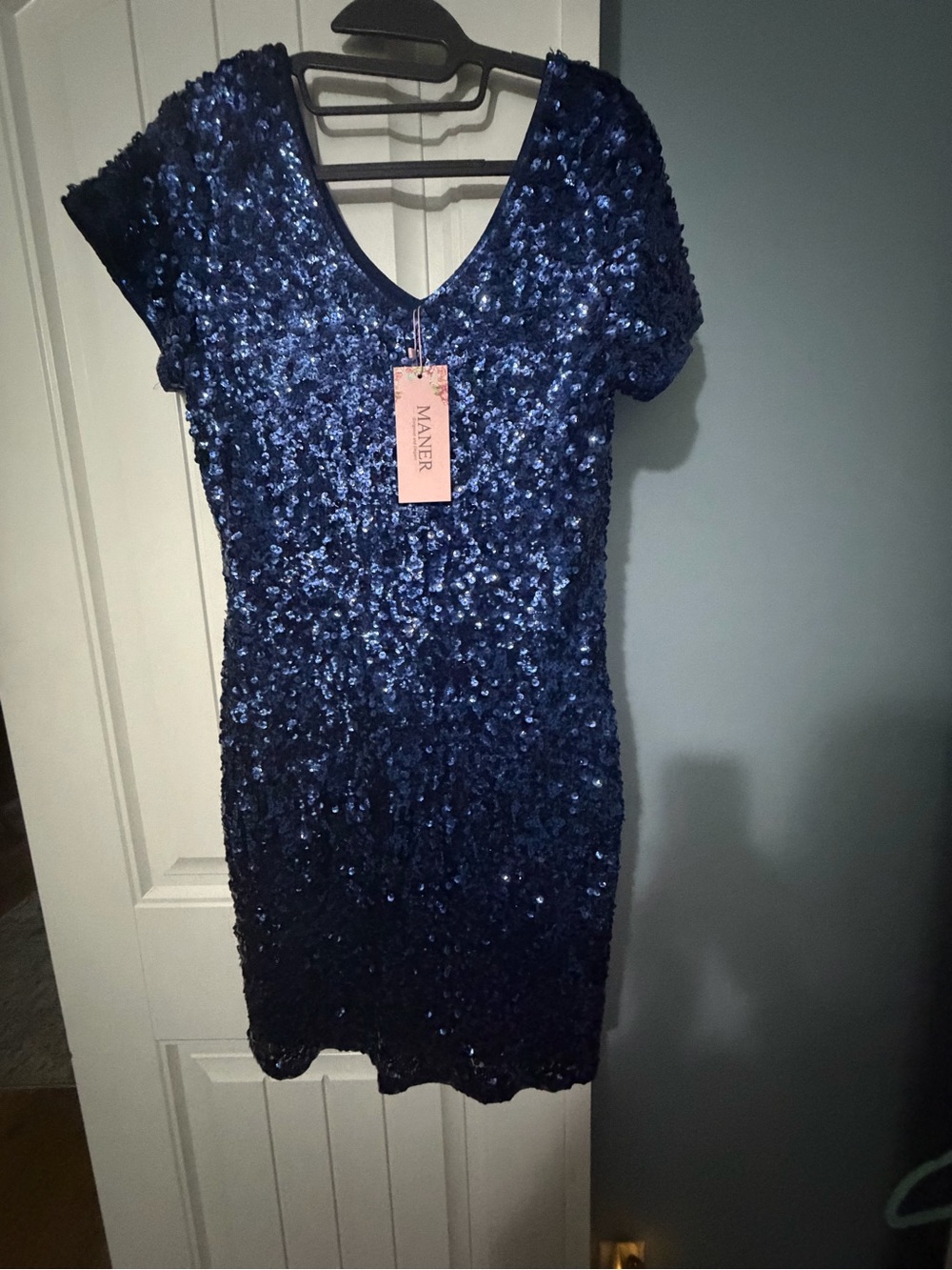 Maneer Navy Sequin V-Neck Short Sleeve Dress